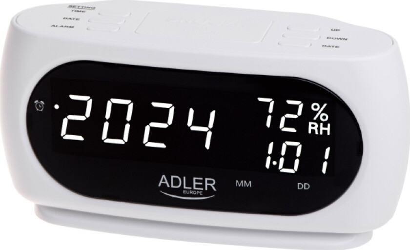 Adler Ad 1186 Hvit Klokke - Vekkerklokke Med Temperatur- Og Fuktighetsmåling