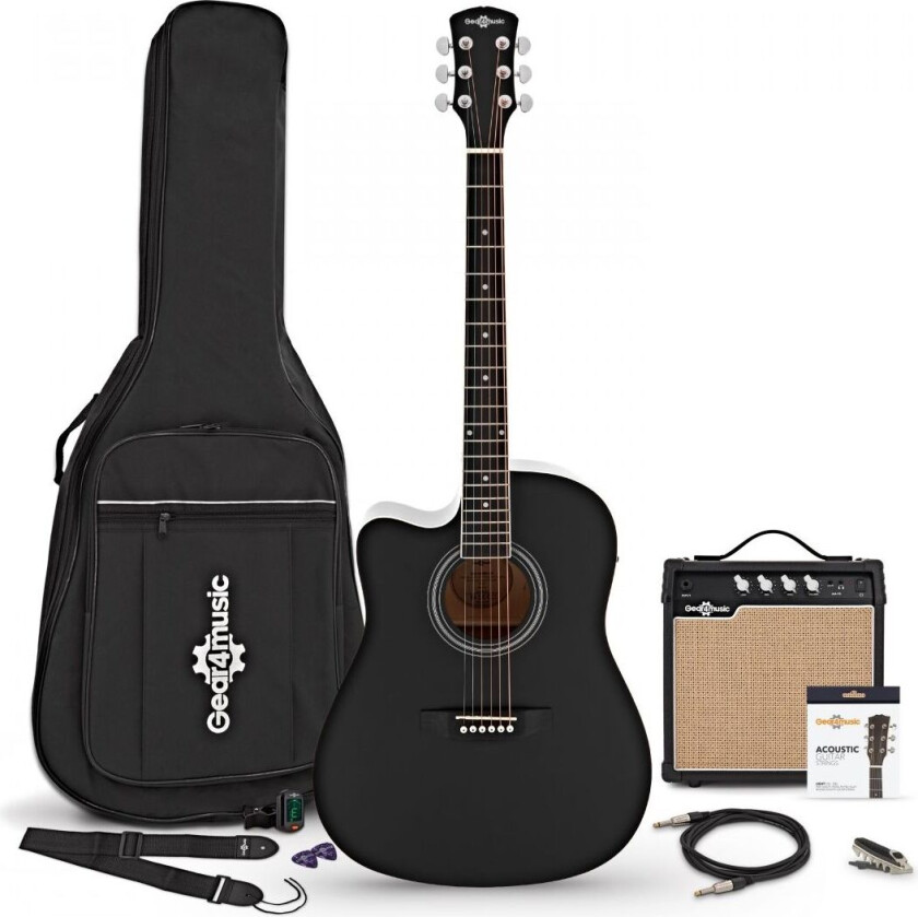 Gear4Music Dreadnought Cutaway Left Handed Electro Acoustic Guitar Black 15W Acoustic Amp & Accessory Pack