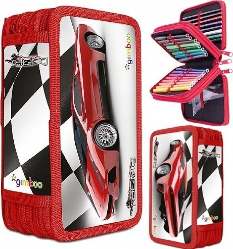 Pbs Connect Pennal Gimboo Skolepennal, Med Tilbehør, 3 Rom, Racing, Rød