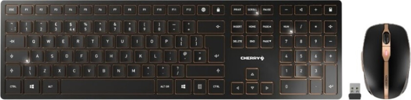 Cherry Dw 9100 Slim - Tastatur- Og Mussett - Trådløs - 2.4 Ghz, Bluetooth 4.2 - Qwerty - Usa Med Eurosymbol - Tastsvitsj: Cherry Sx - Svart/Bronse