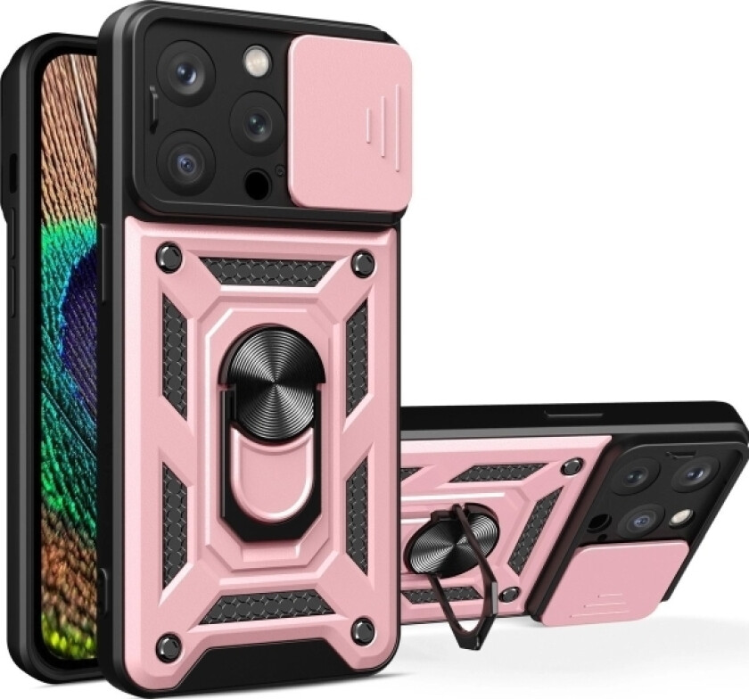 Pansret Deksel Med Stativ Og Kameradeksel Til Iphone 15 Pro Hybrid Armor Camshield - Rosa
