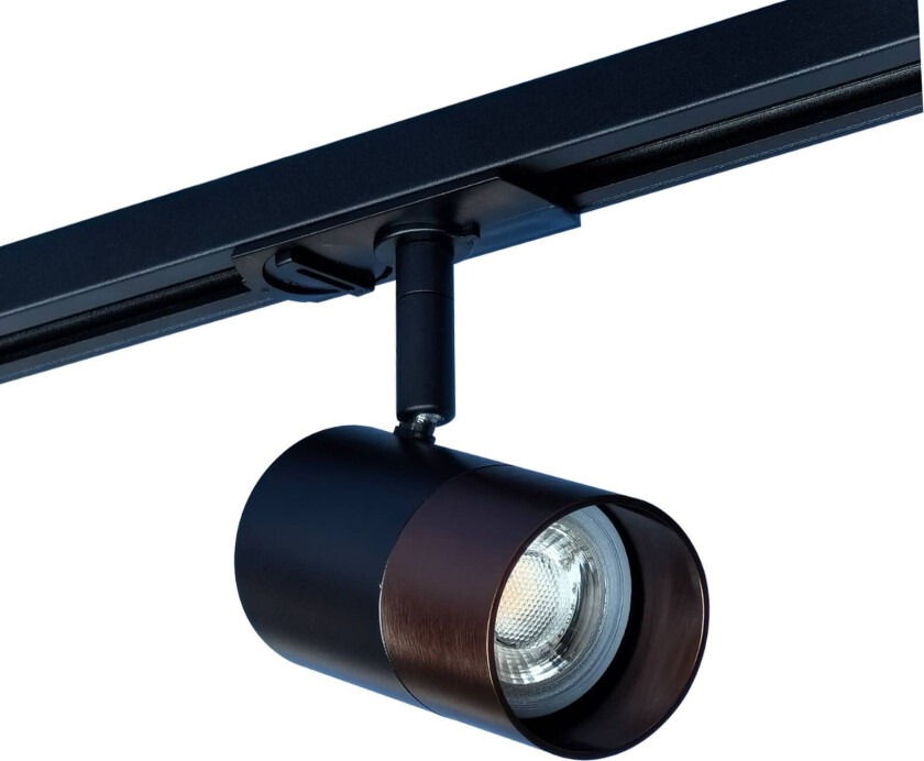 Linaro skinnespotlight, rund, svart/brun, aluminium