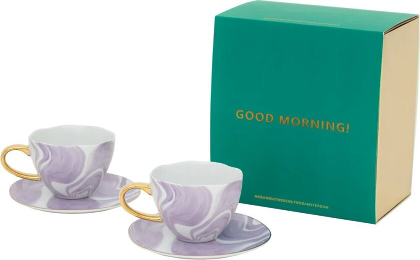 God Morgen gavesett Cappuccino kopp & fat 2-pack ‘Violette bølger’