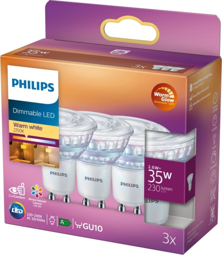 - Led-Pære For Søkelys - Gu10 - 2.6 W (Ekvivalent 35 W) - Klasse F - Varmt Hvitt Lys - 2200-2700 K (En Pakke 3)