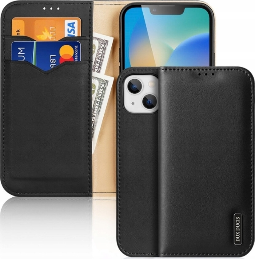 Hivo Leather Flip Case Ekte Lærveske Lommebok For Kort Og Id-Er Iphone 14 Plus Black