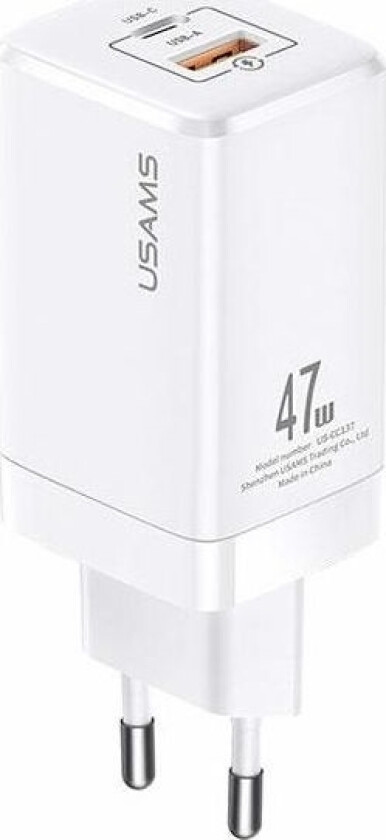 Usams ad. Nettverk T41 Usb-C+Usb Gan 47W Pd+Qc (Kun Hode) Hurtiglading Hvit/Hvit Cc137tc02 (Us-Cc137)