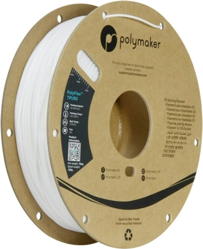 Polymaker Pd02002 Tpu90 Filament Tpu Fleksibel 1.75 Mm 750 G Hvid Polyflex™ 1 Stk