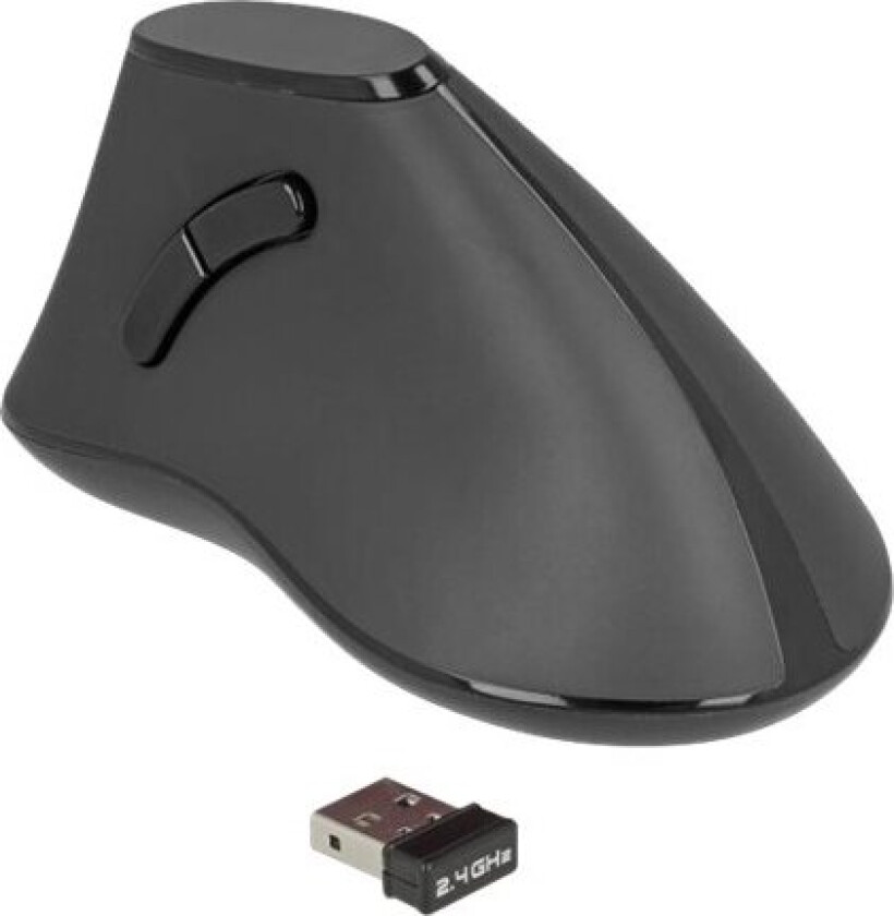 Delock Ergonomic - Vertikal Mus - Ergonomisk - Høyrehendt - Optisk - 5 Knapper - Trådløs - 2.4 Ghz - Usb Trådløs Mottaker - Svart - Løsvekt