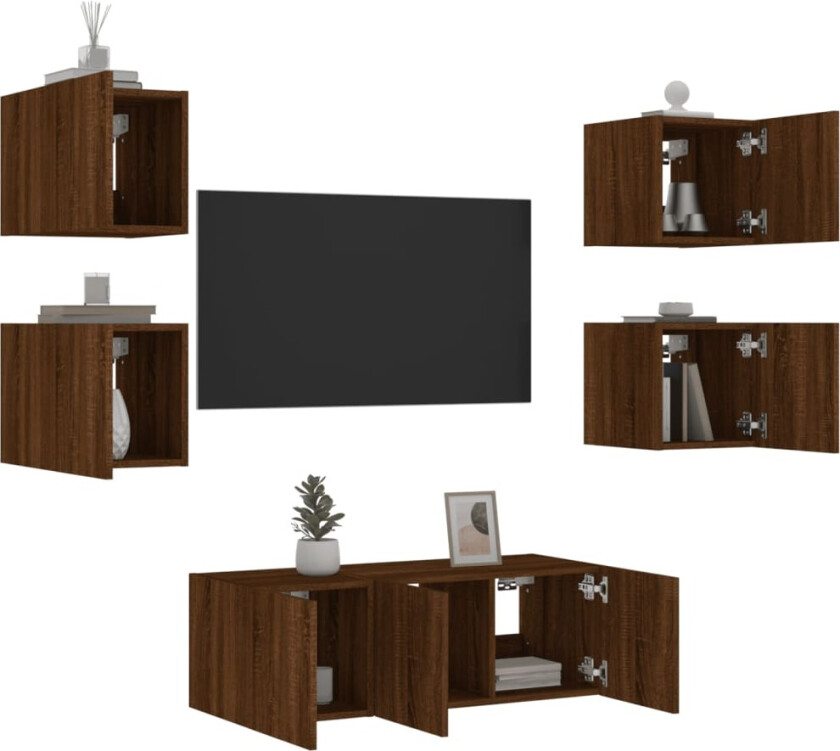 Vegghengte TV-enheter med LED 6 deler brun eik konstruert tre