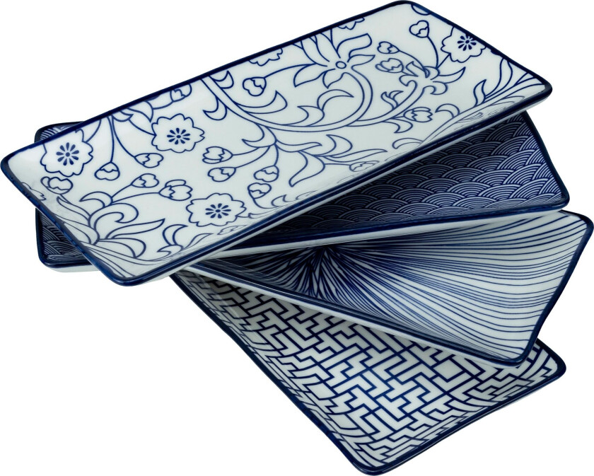 Akio rektangulær tallerken 25x12 cm 4-pakning, blå/hvit