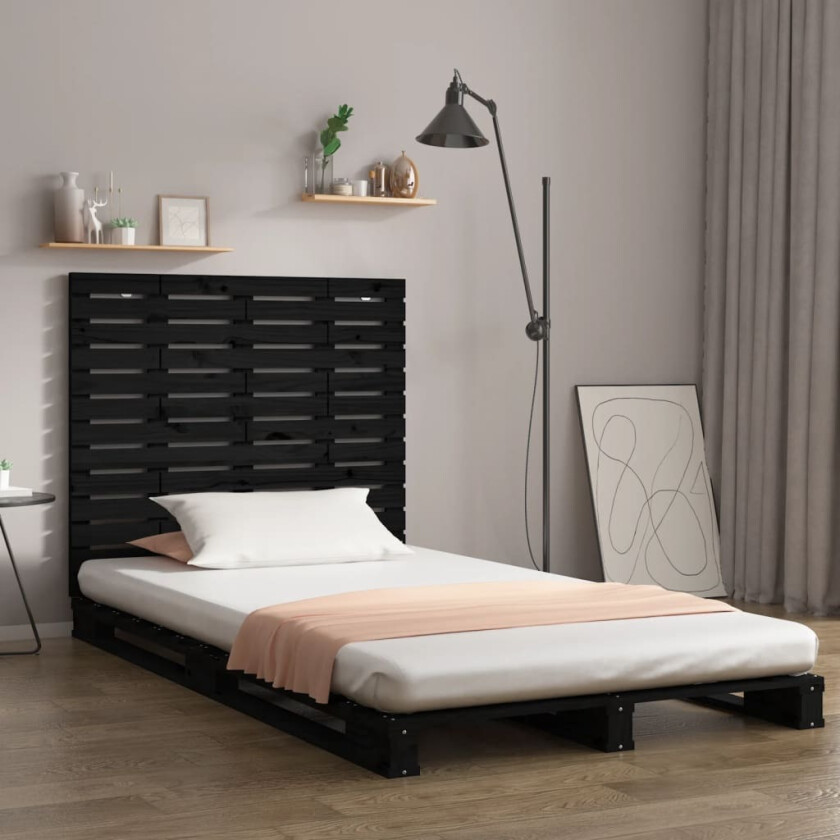 Veggmontert sengegavl svart 126x3x91,5 cm heltre furu
