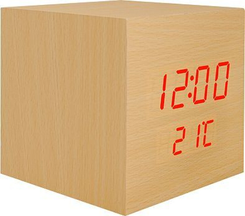 Ltc Ltc, Led Cube Alarm Clock With Thermometer, Natural Wood Color.