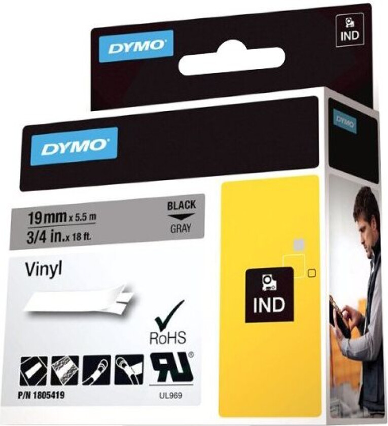 Rhino Coloured Vinyl - Vinyl - Permanet Adhesiv - Sort På Grått - Roll (1.9 Cm X 5.5 M) 1 Kassett(Er) Tape - For Ilp219 Rhino 4200, 5000,