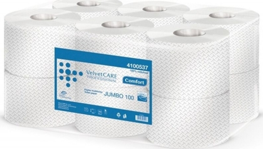 Velvet Cellulose Toalettpapir Velvet Professional Jumbo, 2-Lags, 800 Ark, 100 M, 12 Stk., Hvit