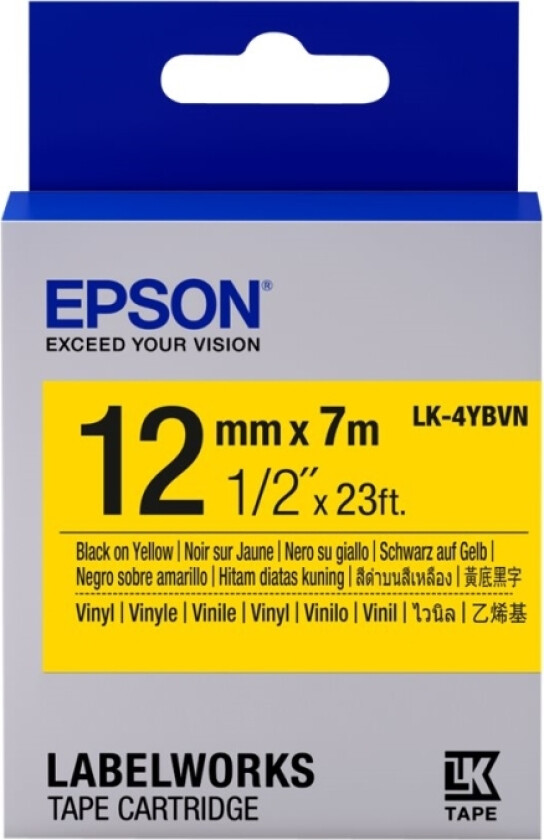 Lk-4Ybvn - Vinyl - Svart På Gult - Rull (1,2 Cm X 7 M) 1 Kassett(Er) Merketape - For Labelworks Lw-1000, 300, 400, 600, 700, 900, K400, Z700, Z