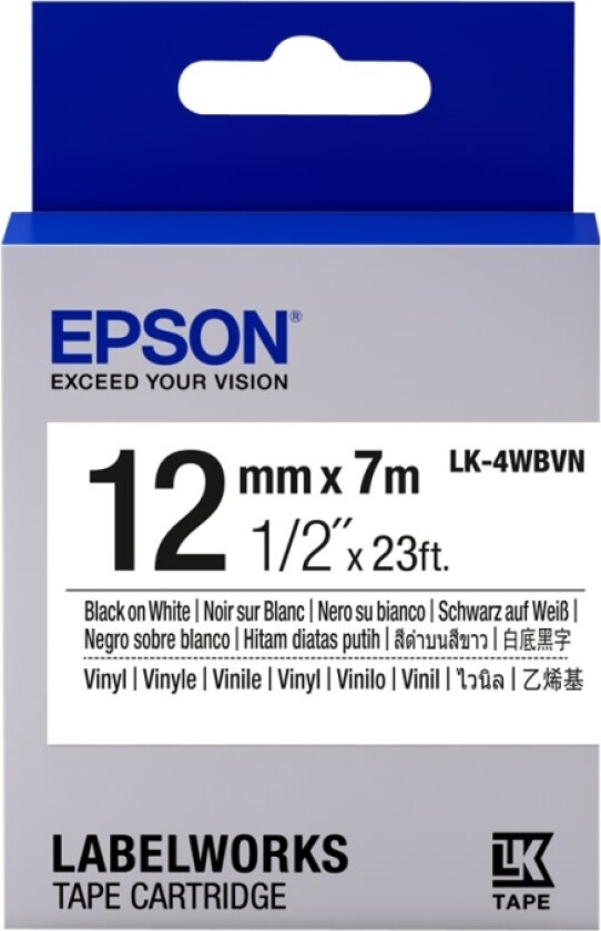 Lk-4Wbvn - Vinyl - Svart På Hvitt - Rull (1,2 Cm X 7 M) 1 Kassett(Er) Merketape - For Labelworks Lw-1000, Lw-300, Lw-400, Lw-600, Lw-700, Lw-K4
