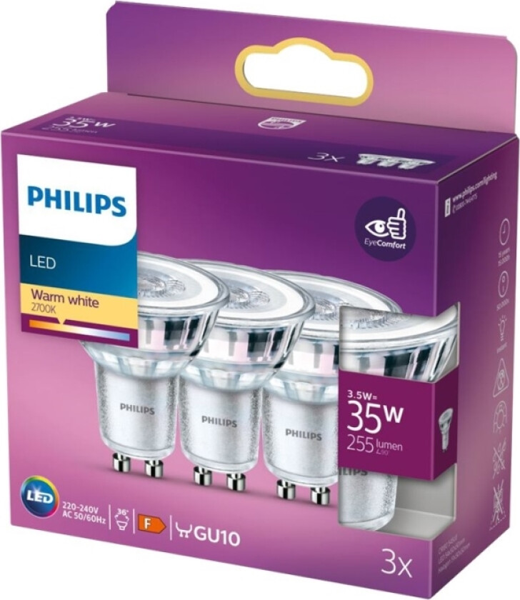 - Led-Pære For Søkelys - Gu10 - 3.5 W (Ekvivalent 35 W) - Klasse F - Varmt Hvitt Lys - 2700 K (En Pakke 3)