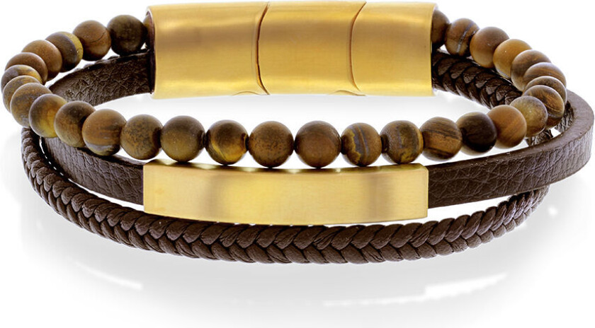 Armbånd i gullfarget stål med brunt skinn og tigerøye
