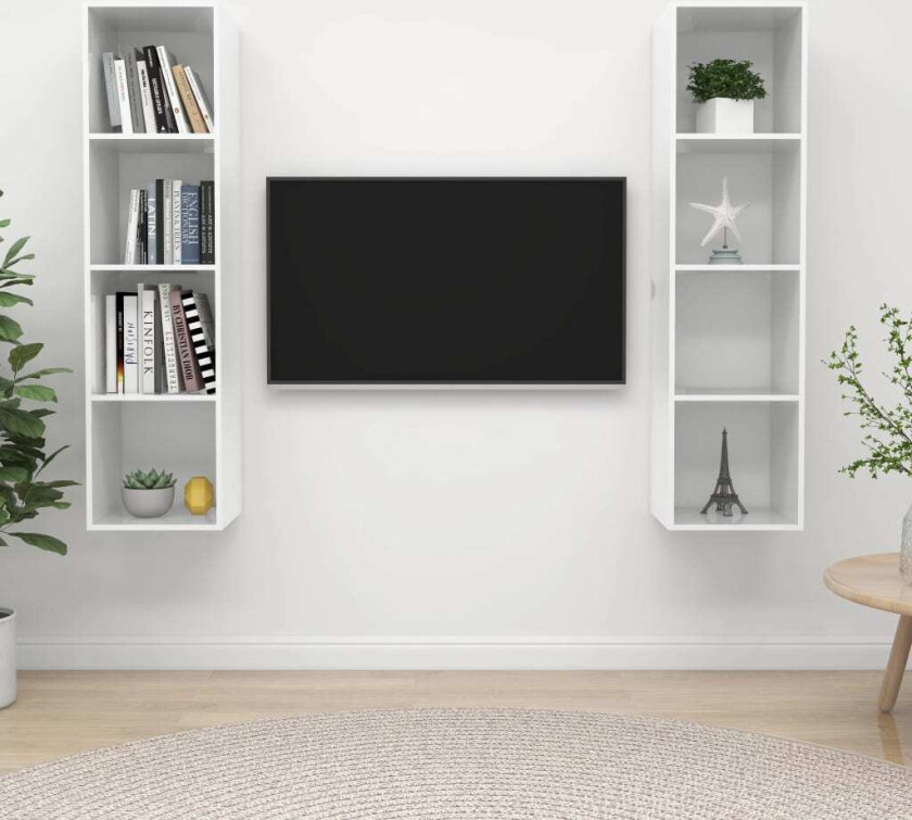 Vegghengte TV-benker 2 stk høyglans hvit sponplate