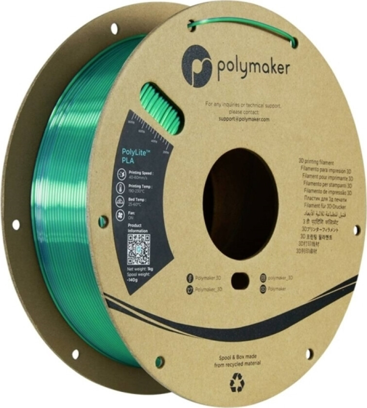 Polymaker Pa03028 Dual Silk Filament Pla-Silke Flerfarvet, Glinsende 1.75 Mm 1000 G Jade, Grøn, Krom Polylite™ 1 Stk