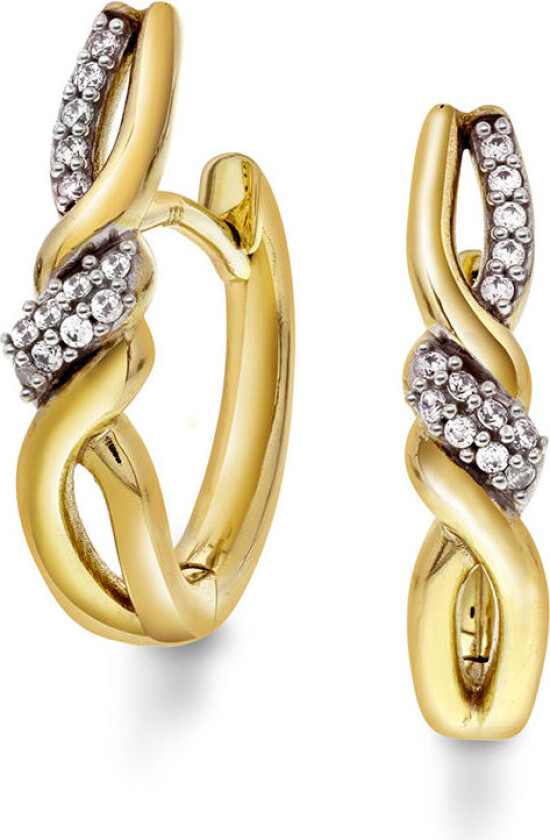 , Øreringer i 585 gult gull med zirkonia og flettemønster