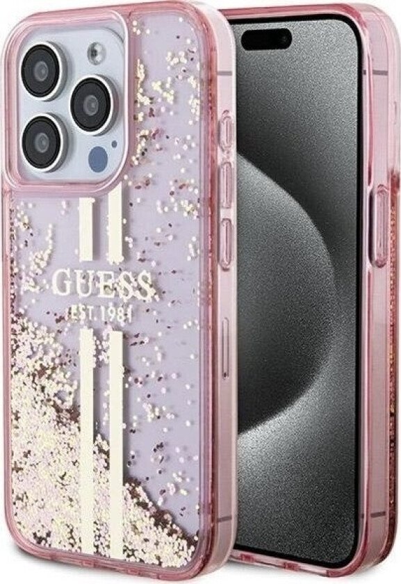 Original Frontpaneldeksel Guess Guhcp15llfcsegp For Iphone 15 Pro (Flytende Glitter Gullstriper / Rosa)