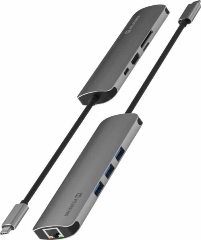 Swissten Usb-C Splitter 8In1 Med 3X Usb 3.0 / 1X Usb-C Strømforsyning / 1X Microsd / 1X Sd / 1X Hdmi 4K / 1X Lan Rj45 / Aluminiumshus