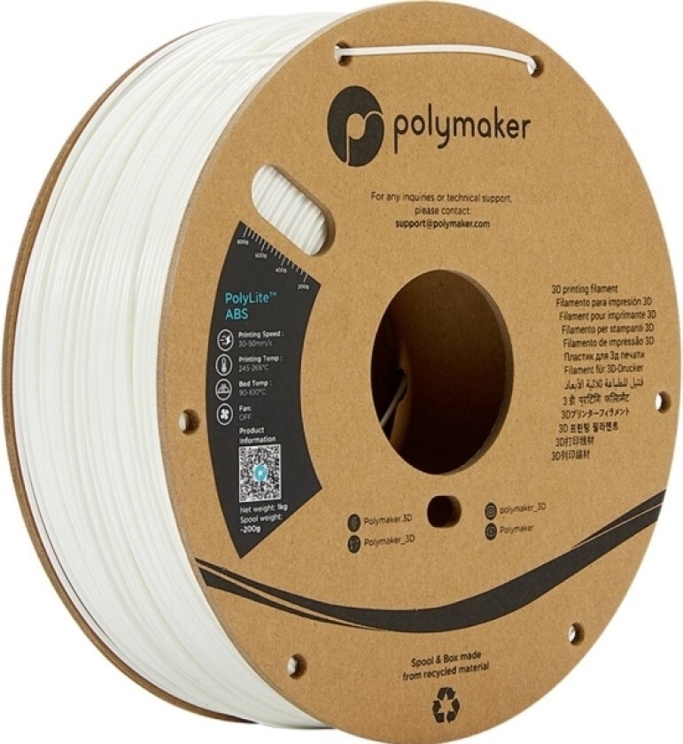 Polymaker Pe01002 Polylite Filament Abs-Plast Lugtsvag 1.75 Mm 1000 G Hvid 1 Stk