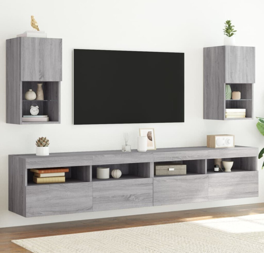 TV-benker med LED-lys 2 stk grå sonoma 30,5x30x60 cm