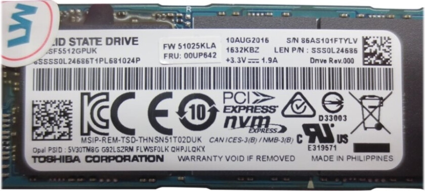 Toshiba - Ssd - Kryptert - 512 Gb - Intern - M.2 2280 - Pcie 3.0 X4 (Nvme) - Tcg Opal Encryption - Fru, (Cru) - Tier 1 - For Thinkcentre M710 Thinkp