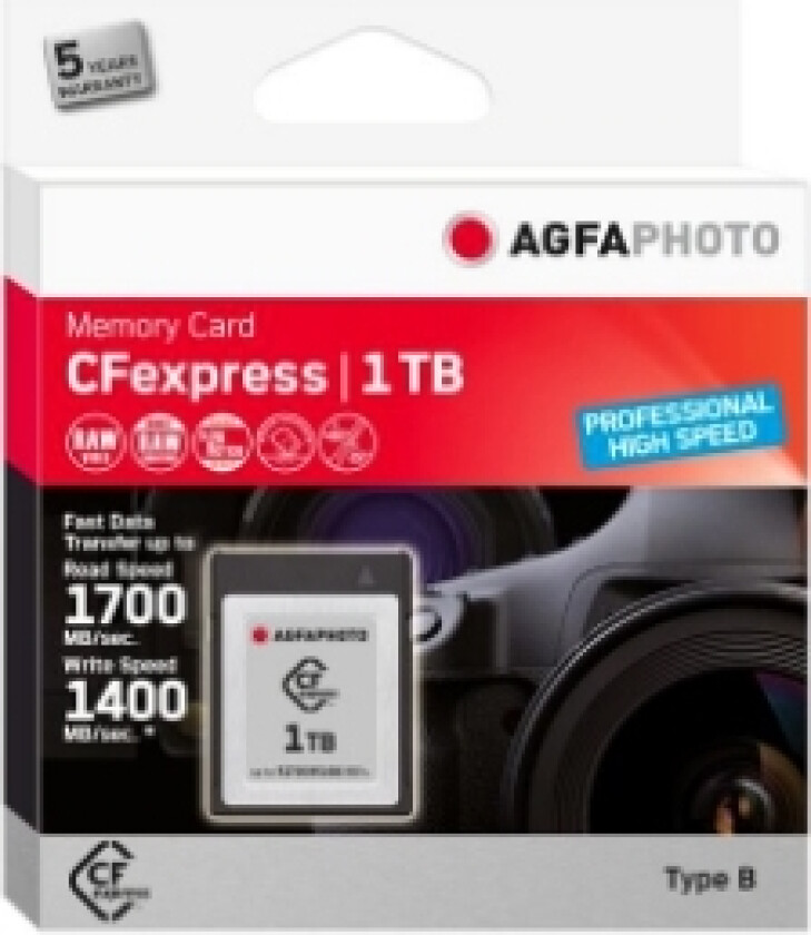 photo Cfexpress Professional, 1000 Gb, Cfexpress, Nand, 1700 Mb/S, 1400 Mb/S, Kuldebestandig, Varme Motstandig, Sjokkresistent, Røntgenbestandig