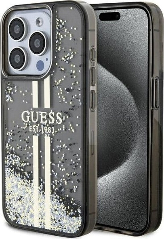 Originalt Frontpaneldeksel Guess Guhcp15xlfcsegk For Iphone 15 Pro Max (Liquid Glitter Gold Stripes / Black)