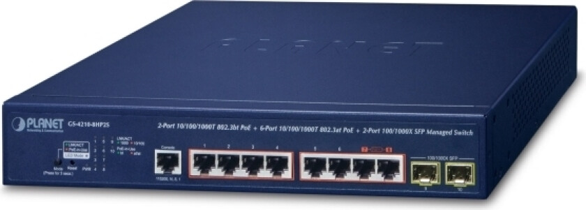 Planet Ipv6/Ipv4, 2-Port, Håndtert, L2/L4, Gigabit Ethernet (10/100/1000), Strøm Over Ethernet (Poe), Rack-Montering, 1U
