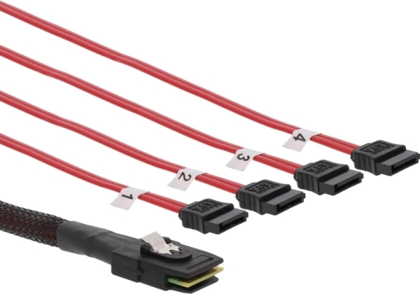27610C, 0,5 M, Mini Sas Sff-8087 Male, 4X Sata, Hankjønn/Hankjønn, Rød