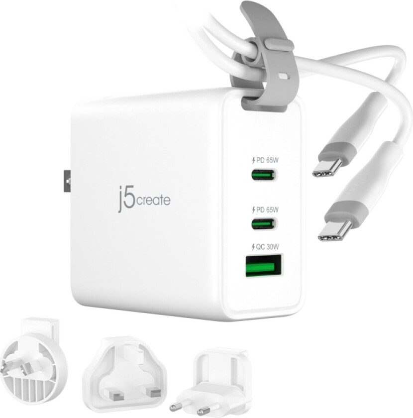 J5create - Strømadapter - 3-Porter, Gan, Med Utskiftbare Ac-Plugger Og Usb-C-Kabel - 65 Watt - 3 A - Apple Fast Charge, Fast Charge, Pd 3.0, Qc 3.0,