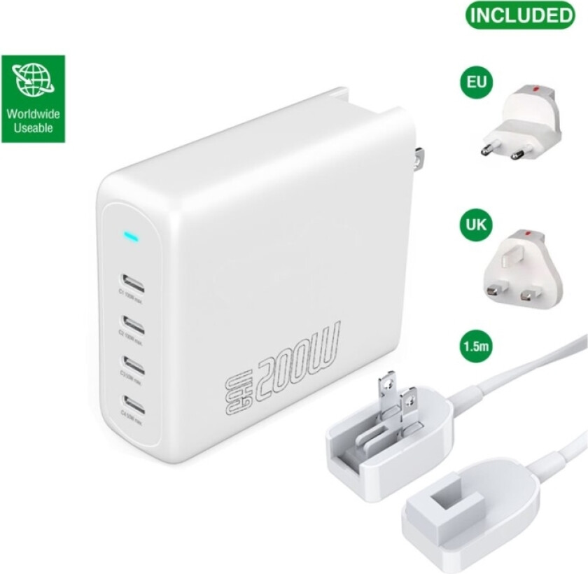 4Smarts Gan Flexpro - Strømadapter - 200 Watt - 5 A - Pd 3.0, Qc 3.0, Qc 4+, Pd/Pps - 4 Utgangskontakter (24 Pin Usb-C) - På Kabel: Usb-C - Hvit - Fo
