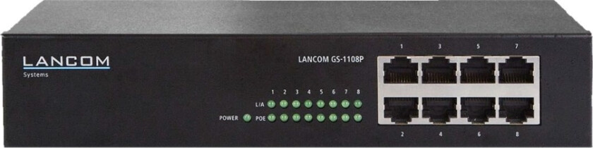Lancom Gs-1108P - Switch - Ikke-Styrt - 8 X 10/100/1000 (Poe+) - Stasjonær, Rackmonterbar - Poe+ (60 W)