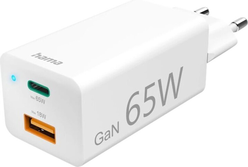 Fast Charger - Strømadapter - Gan - 65 Watt - 3.25 A - Pd, Qc 2.0, Qc 3.0 - 2 Utgangskontakter (4 Pin Usb Type A / 24 Pin Usb-C) - Hvit
