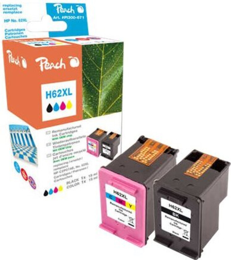 - 2-Pack - Svart, Farge (Cyan, Magenta, Gul) - Kompatibel - Gjenfabrikert - Blekkpatron (Alternativ For: Hp 62Xl, Hp C2p05ae, Hp C2p07ae) - For