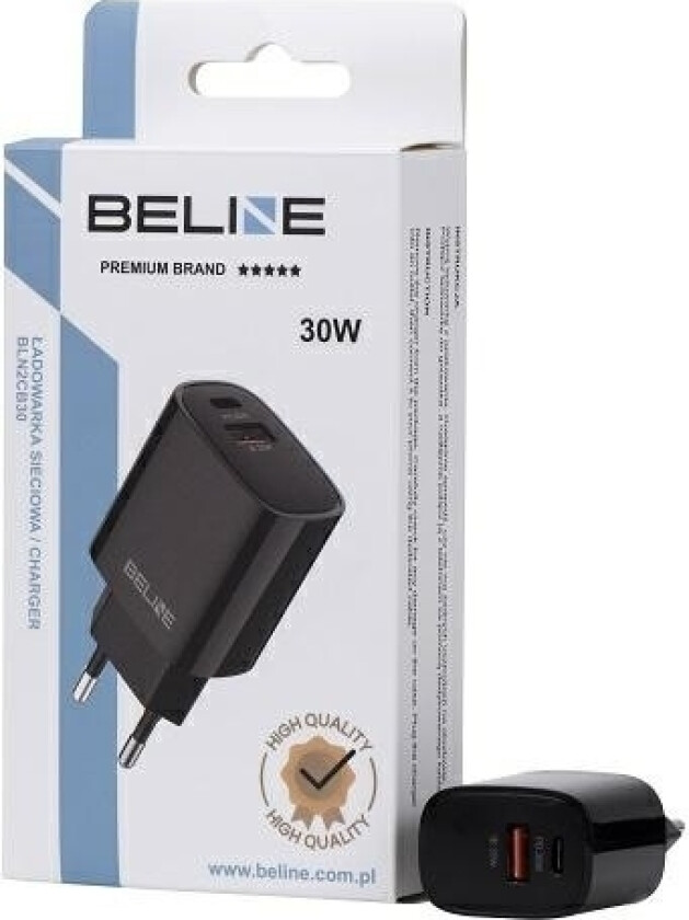 30W Gan Usb-C + Usb-A Vegglader, Svart
