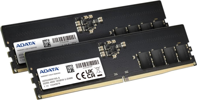 Adata - Ddr5 - Sett - 64 Gb: 2 X 32 Gb - Dimm 288-Pin - 4800 Mhz / Pc5-38400 - Cl40 - 1.1 V - Ikke-Bufret - On-Die Ecc - Svart