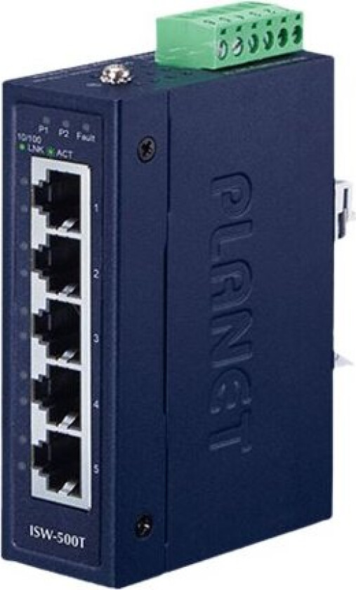 Planet Isw-500T - Switch - 5 X 10/100 - Din-Skinnemonterbar, Veggmonterbar - Ac 24 V / Dc 12 - 48 V