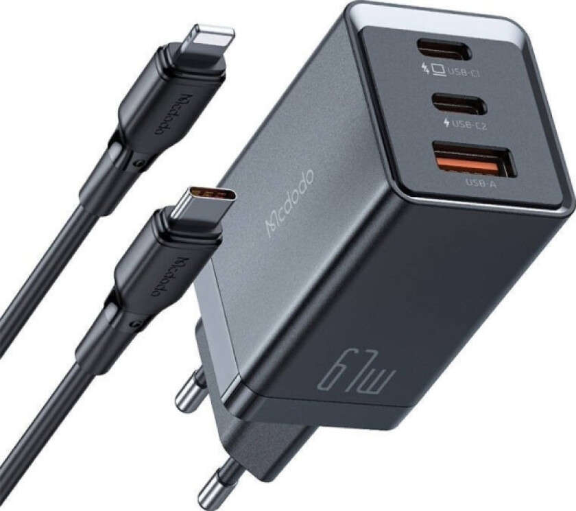 -Lader Ch-1544 Gan Vegglader, 2X Usb-C, 1X Usb, 67W + Usb-C Til Usb-C-Kabel (Svart)