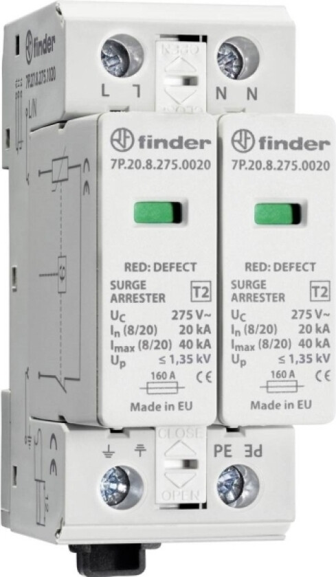 Finder 7P.27.8.275.1020 7P.27.8.275.1020 Overspenningsavleder Overspenningsvern For: Fordelerskap 1 Stk (7P.27.8.275.1020)