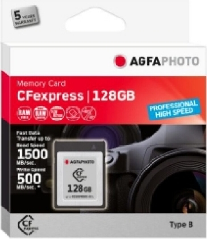 photo Cfexpress Professional, 128 Gb, Cfexpress, Nand, 1500 Mb/S, 500 Mb/S, Kuldebestandig, Varmebestandig, Sjokkresistent, Røntgenbestandig