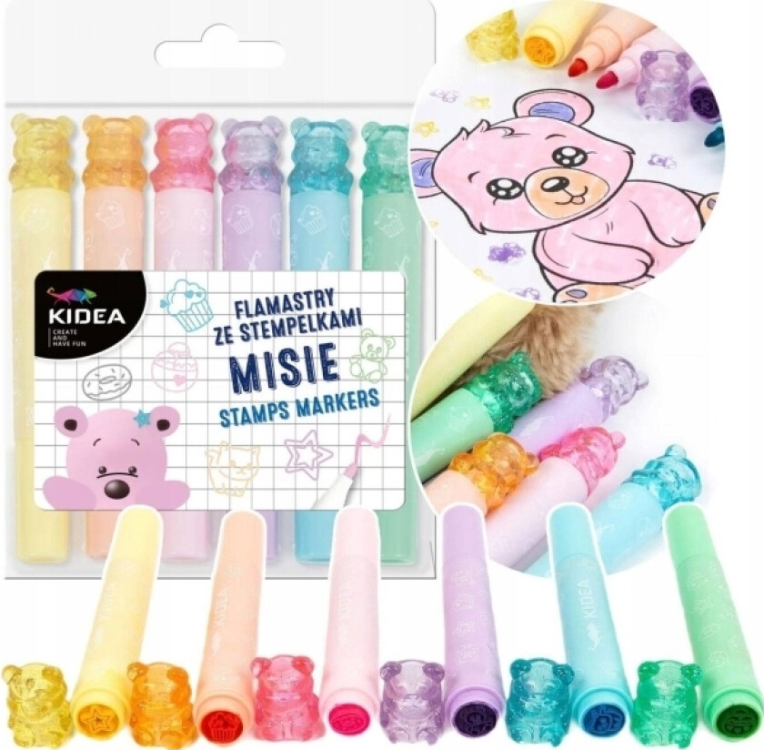 Derforem Pennal Dobbeltsidig Tusj Med Bamsestempler, 6 Stk Kidea