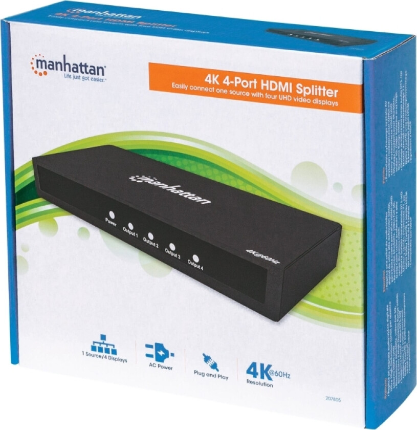 Manhattan Hdmi Splitter 4-Port , 4K@60Hz, Displays Output From X1 Hdmi Source To X4 Hd Displays (Same Output To Four Displays), Ac Powered (Cable 1.2