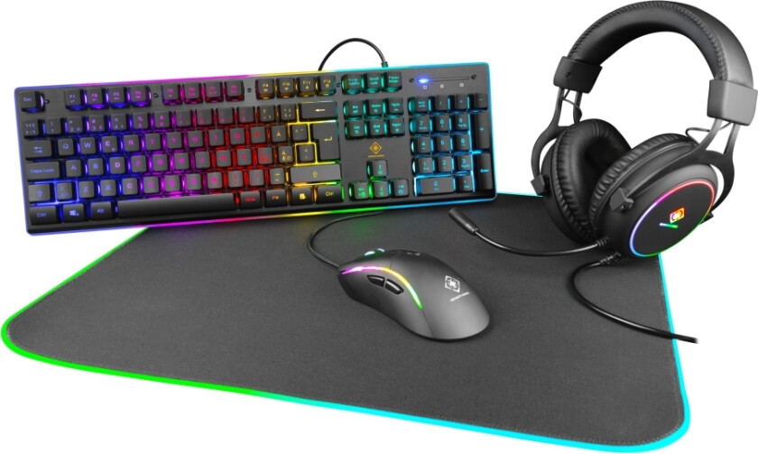 Gaming Gam-084 - 4-In-1 Gaming Gear Kit - Sett Med Tastatur, Mus, Hodetelefon Og Musepute - Bakgrunnsbelyst - Usb - Storbritannia - Svart