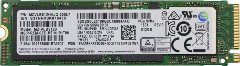 Samsung - Ssd - Kryptert - 512 Gb - Intern - M.2 2280 - Pcie 3.0 X4 (Nvme) - Tcg Opal Encryption - Fru