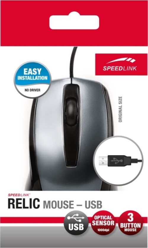 Speedlink Relic Sl-610007-Gy - Mus - Høyre- Og Venstrehåndet - Optisk - 3 Knapper - Kablet - Usb - Grå